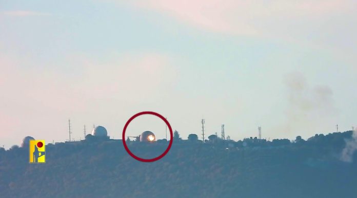 guided missile hitting a radar dome at an Israeli Air Force air traffic control base