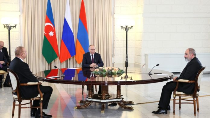 Russian President Vladimir Putin with presidents of Armenia and Azerbaijan