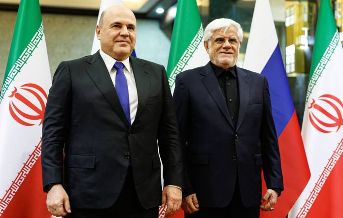 Russian Prime Minister Mikhail Mishustin with Iranian First Vice-President Mohammad Reza Aref