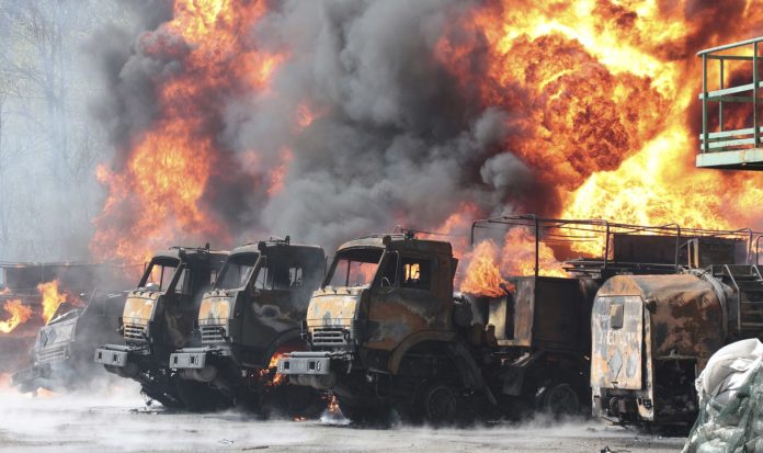 Destroyed Ukrainian military trucks