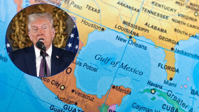 Trump and a map of the Gulf of Mexico